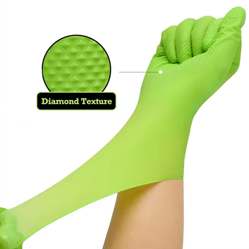 Heavy Duty Diamond Textured Green Powder-Free Disposable Nitrile Gloves