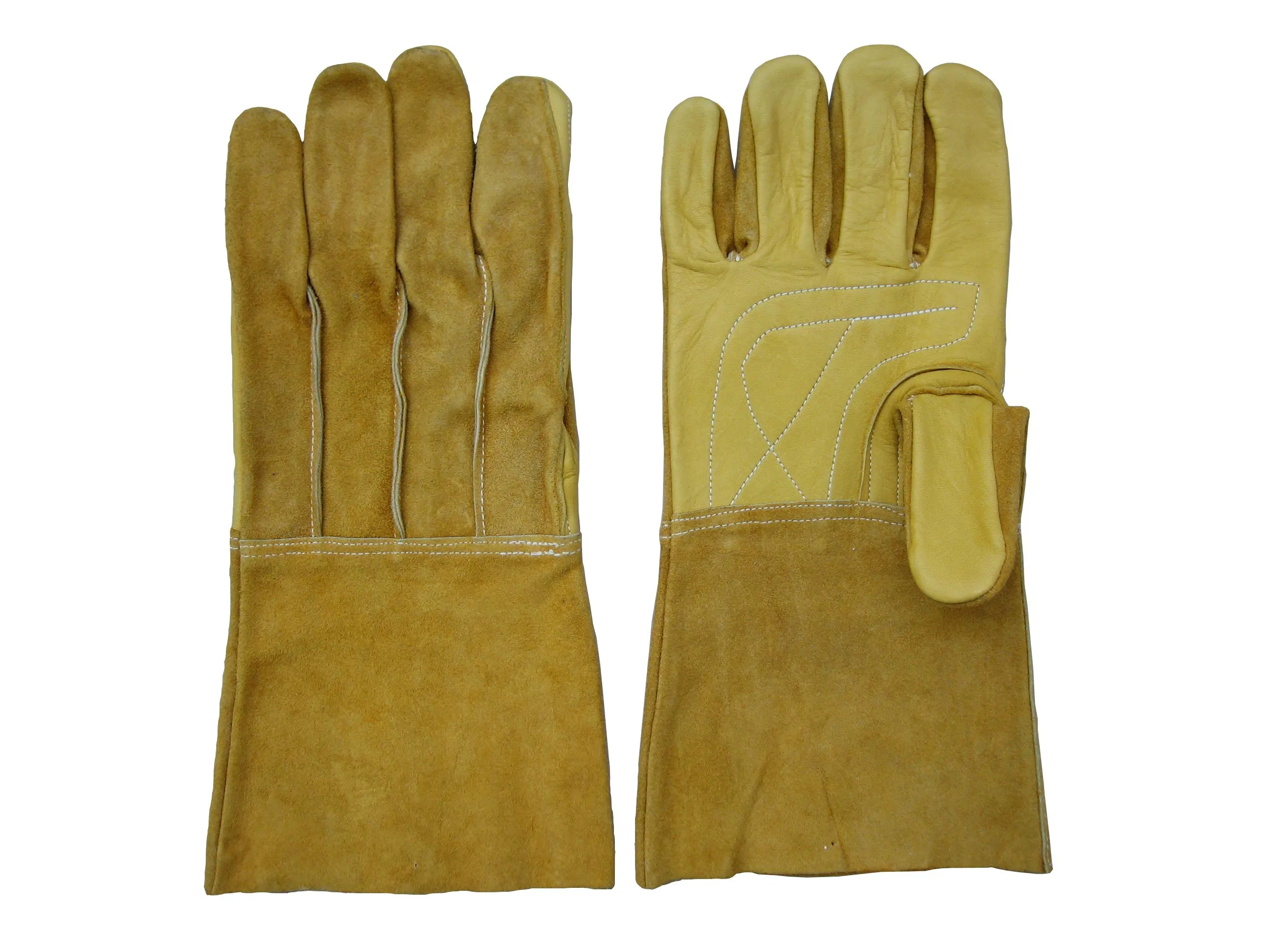 Cow Grain Double Palm Long Split Leather Cuff Protective Glove