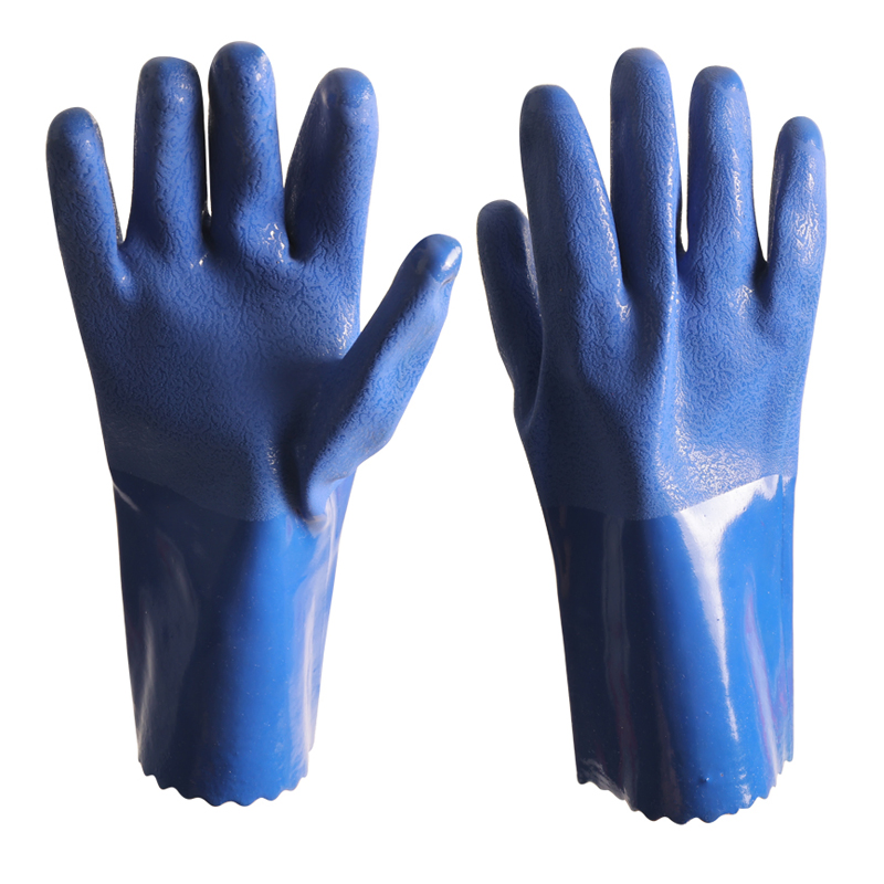 Non-Slip Long Cuff Chemical Resistant Waterproof Oilfield Hand Protective Rough Sandy Finish Coated Industrial PVC Gloves