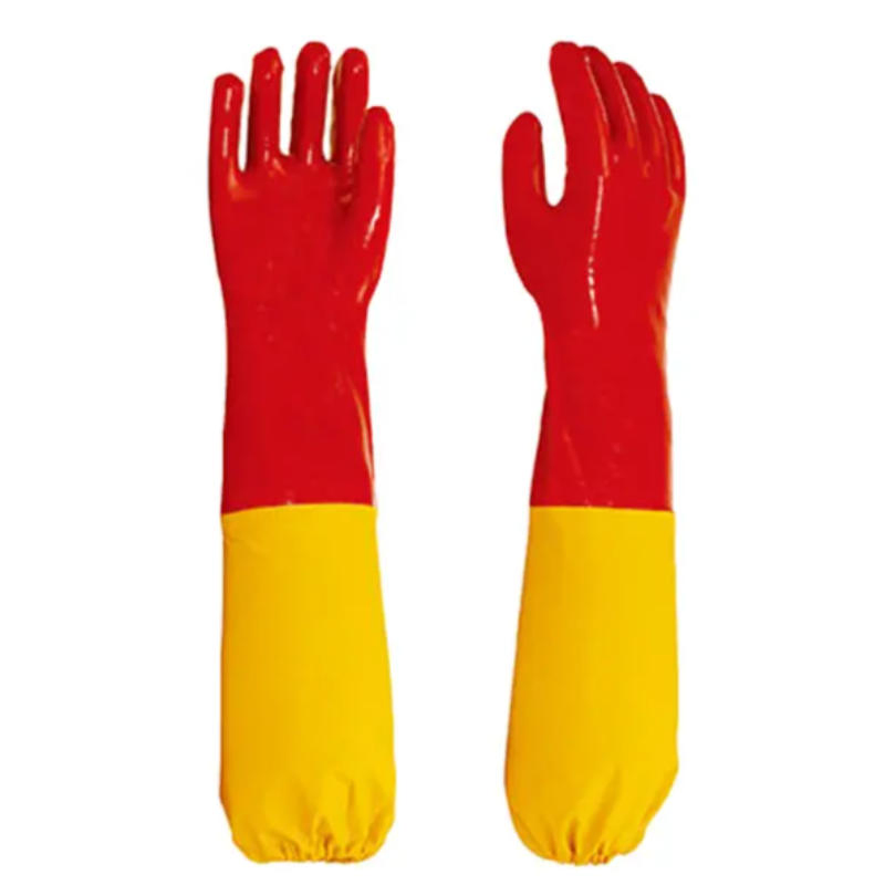 Anti-Slip Red+Orange Polyester PVC Sandy Elastic Interlock, Industrial Protective Labor Supply Gloves