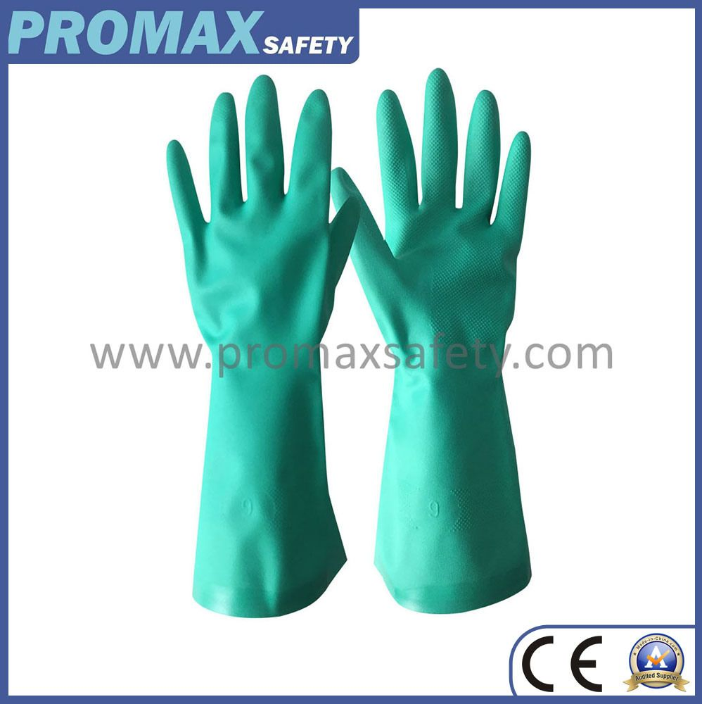 Reusable Industrial Flock Lined Chemical Solevent Resistant Nitrile Gloves with Diamond Grip