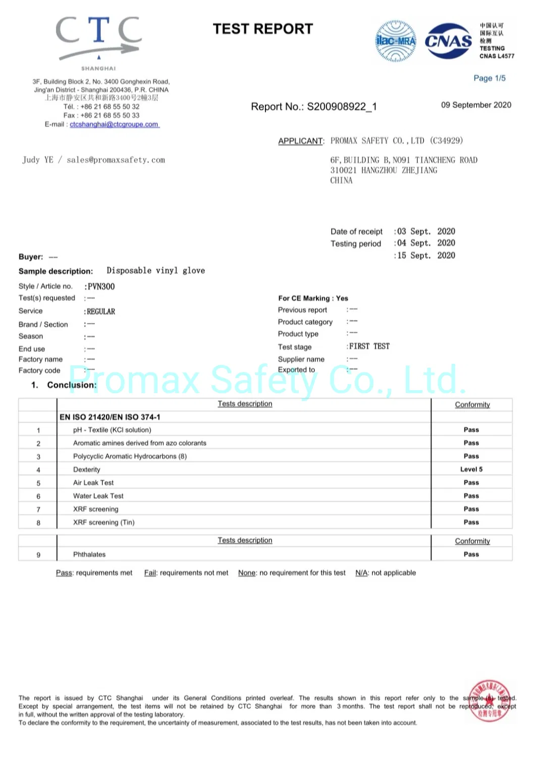 EN420 and EN374 Test Report
