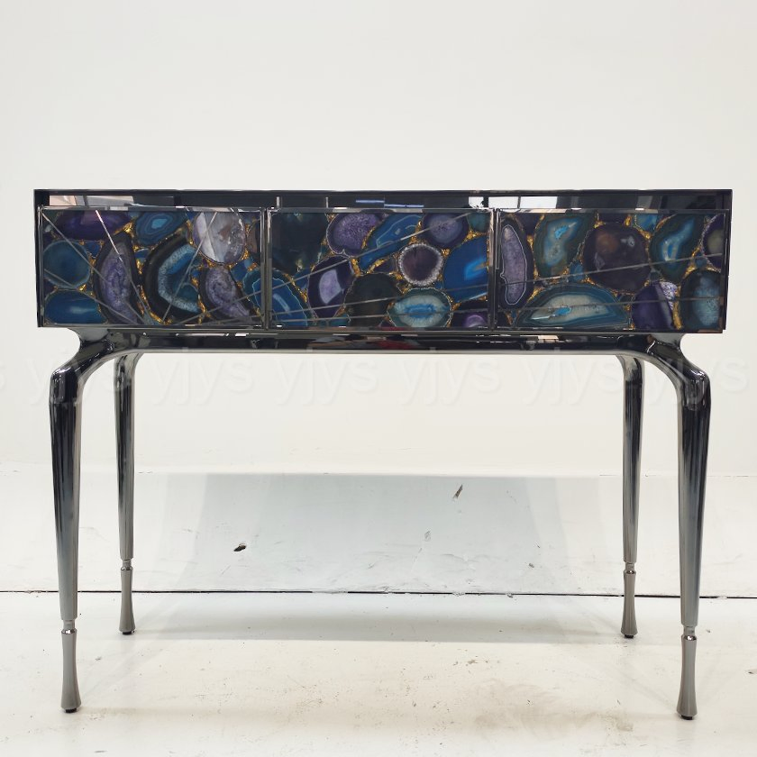 Natural Agate Inlay Stainless Steel Console Table, Luxury Italian Light Luxury Entryway Table, Decorative Hallway Sideboard for Villa &amp; Apartment