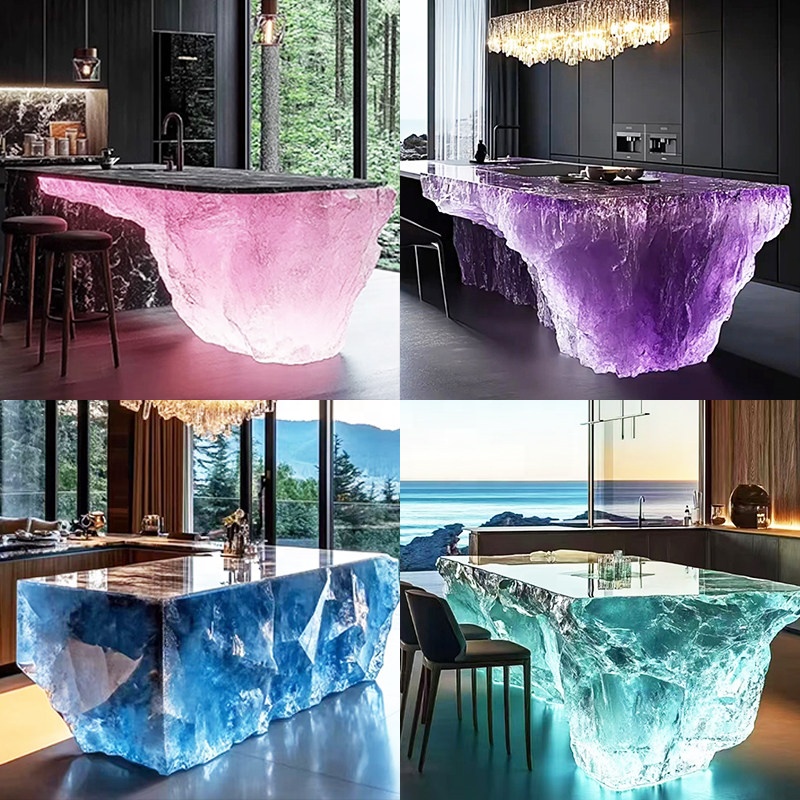 Transparent Resin Luminous Crystal Island Table Light Luxury High-End Glacier Art Bar Table For Home And Clubs