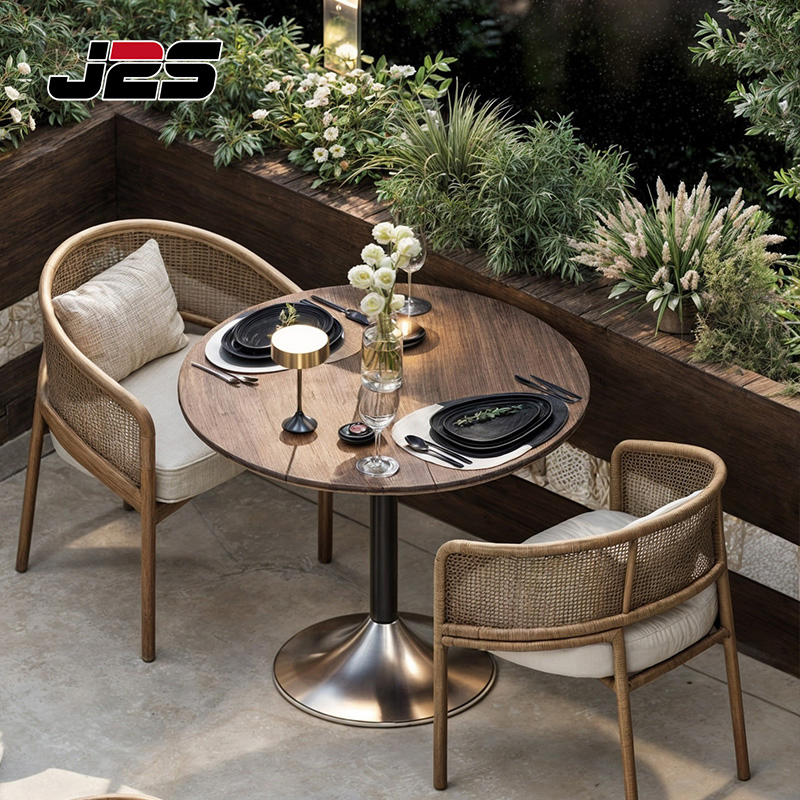 J2s Modern Outdoor Restaurant Furniture Set with Rattan Dining Chairs Round Wooden Table and Upholstered Curved Booth Seating for Hotel Cafe