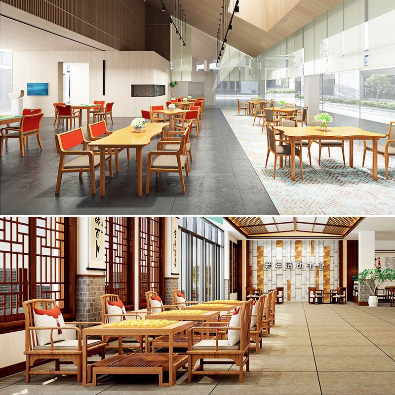 Elderly Activity Center Public Area Dining Room Tables Set Antibacterial Healthcare Hospital Wooden Furniture