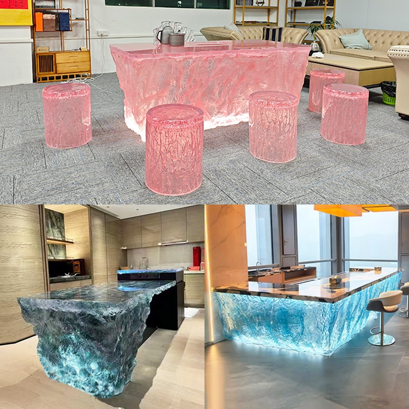 Transparent Resin Luminous Crystal Island Table Light Luxury High-End Glacier Art Bar Table For Home And Clubs