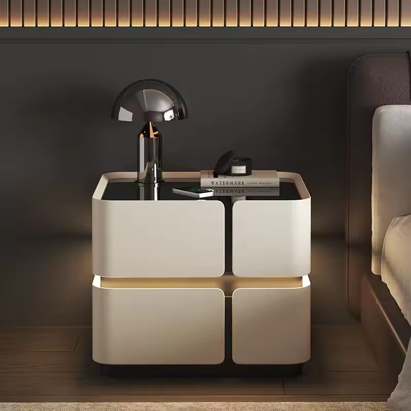 Smart Wooden Bedside Table with Wireless Charging, Bluetooth Speakers &amp; LED Light High-End 3-Color LED Light Storage Drawers Bedroom Furniture