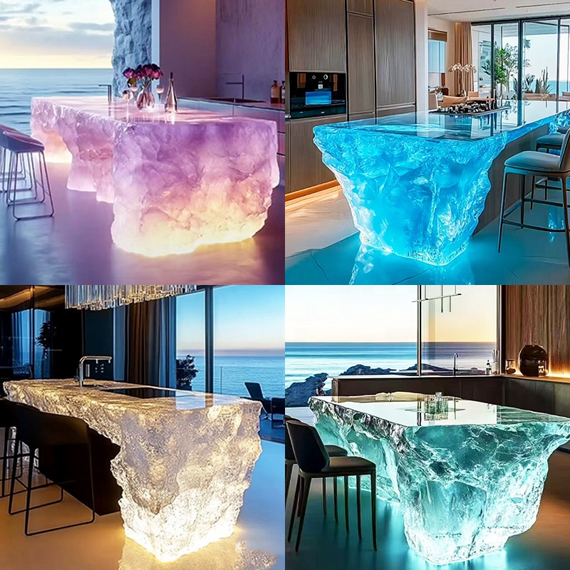 Transparent Resin Luminous Crystal Island Table Light Luxury High-End Glacier Art Bar Table For Home And Clubs