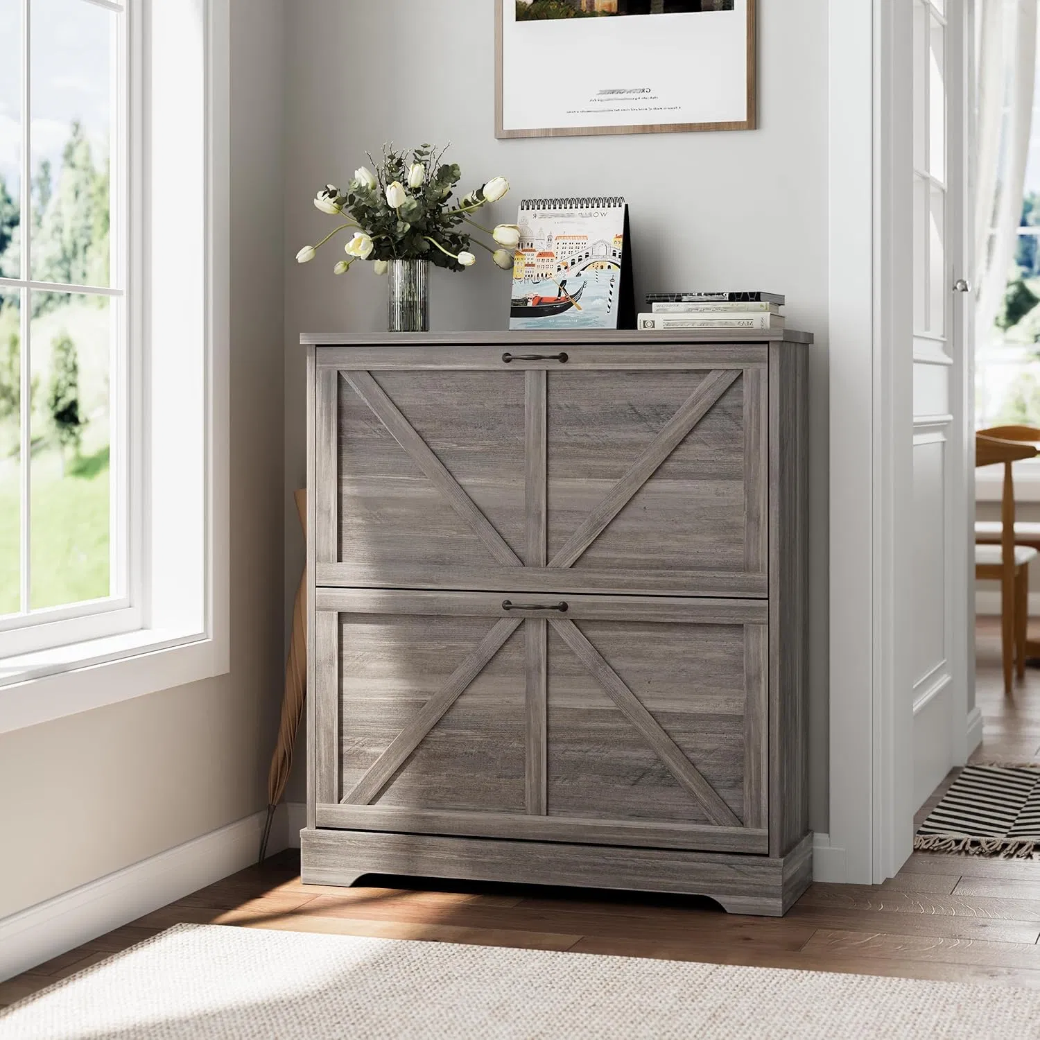 Space-Saving Weathered Gray Barn Door Double-Door Farmhouse Storage Cabinet for Hallway Entryway
