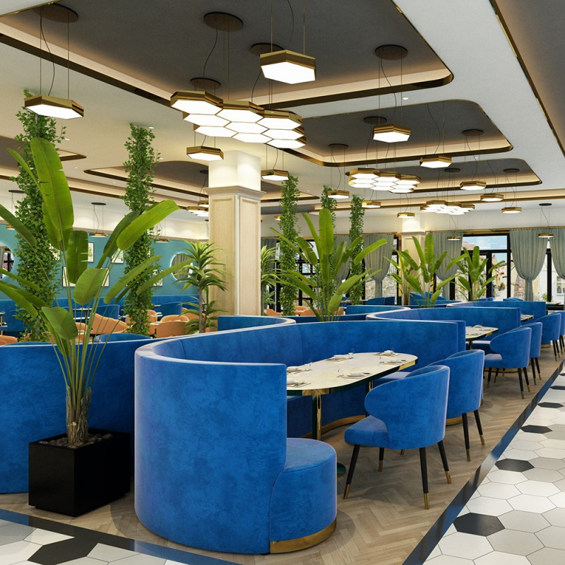 Light Luxury Instagrammable Foshan Blue Leather Seat Booth Sofa Set Restaurant Table Chair Furniture for Cafe Coffee Shop Bistro Hotel