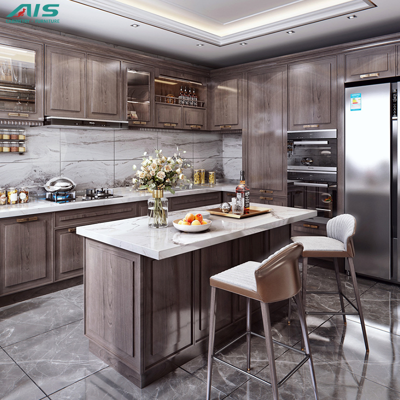 Modern Design AIS Living New Combination Design Aluminum Kitchen Furniture Set Wooden Color Melamine Kitchen Cabinets From China