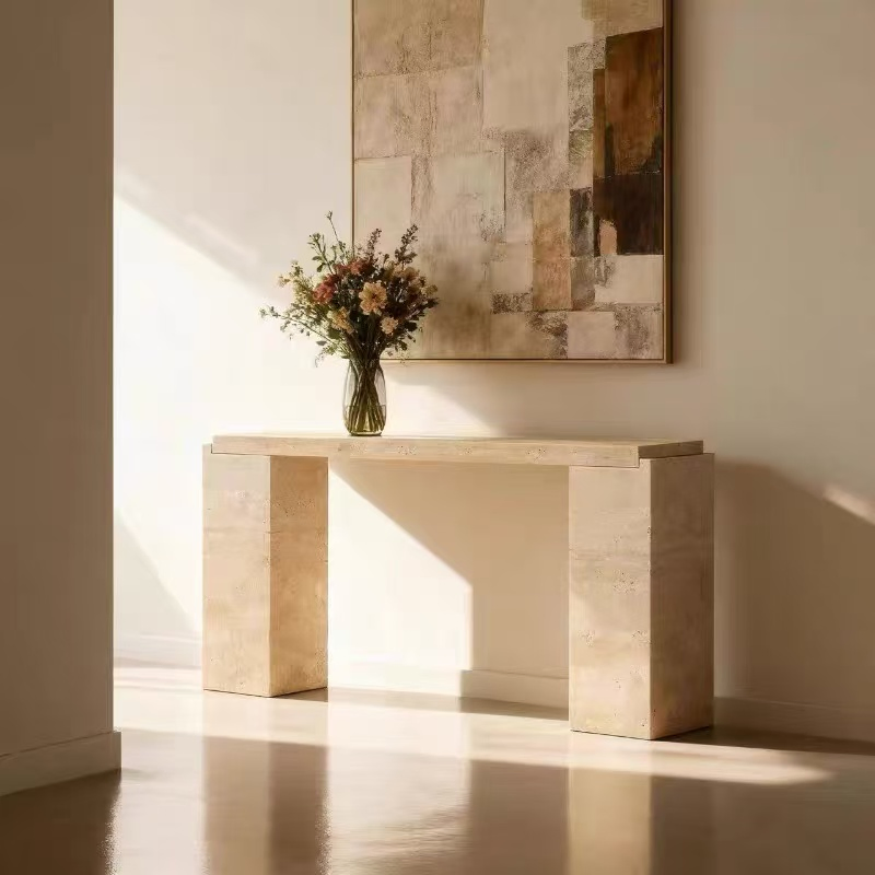 Natural Beige Travertine Console Table Minimalist Monolithic Stone Entryway Table for Living Room Hallway