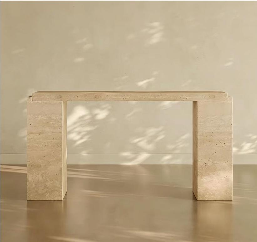 Natural Beige Travertine Console Table Minimalist Monolithic Stone Entryway Table for Living Room Hallway