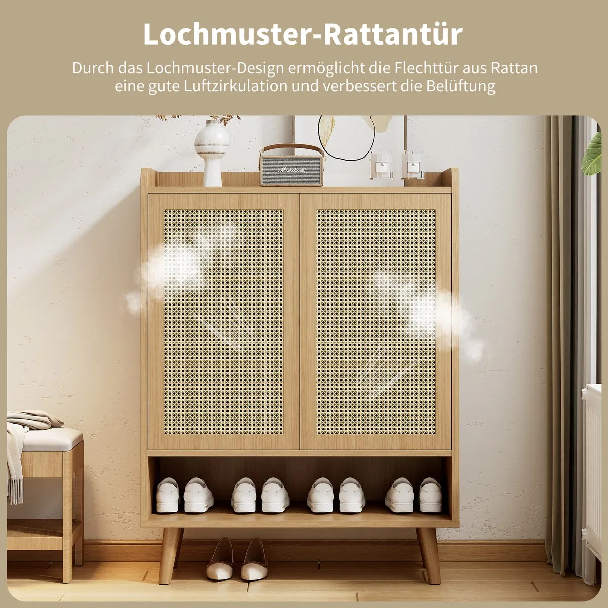 Nordic Entryway Solid Wood Storage Shoe Cabinet with Rattan Grid for Hallway