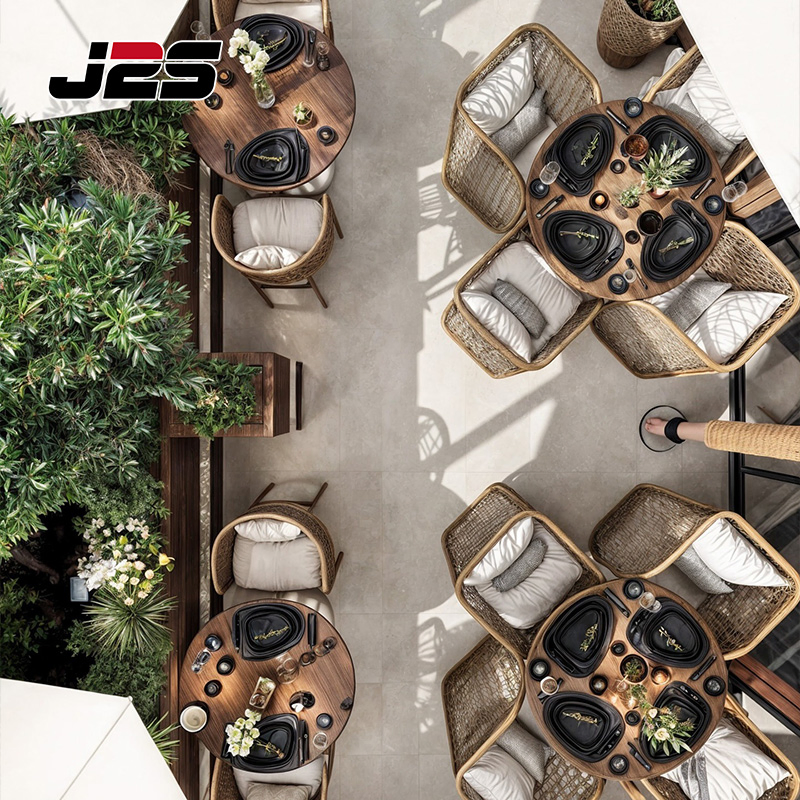 J2s Modern Outdoor Restaurant Furniture Set with Rattan Dining Chairs Round Wooden Table and Upholstered Curved Booth Seating for Hotel Cafe