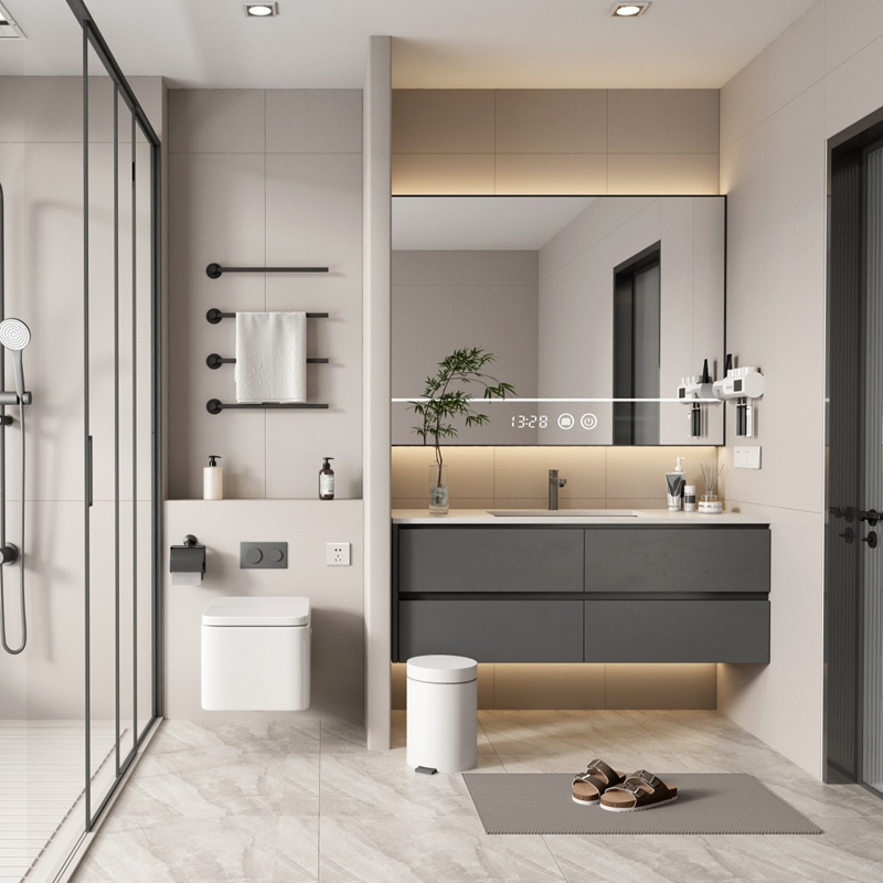 Wall Modern Sink Basin Bathroom Cabinet Furniture Smart LED Lights Hotel /Home Bathroom Floating Vanity Unit Set Featuring Two Spacious Drawers