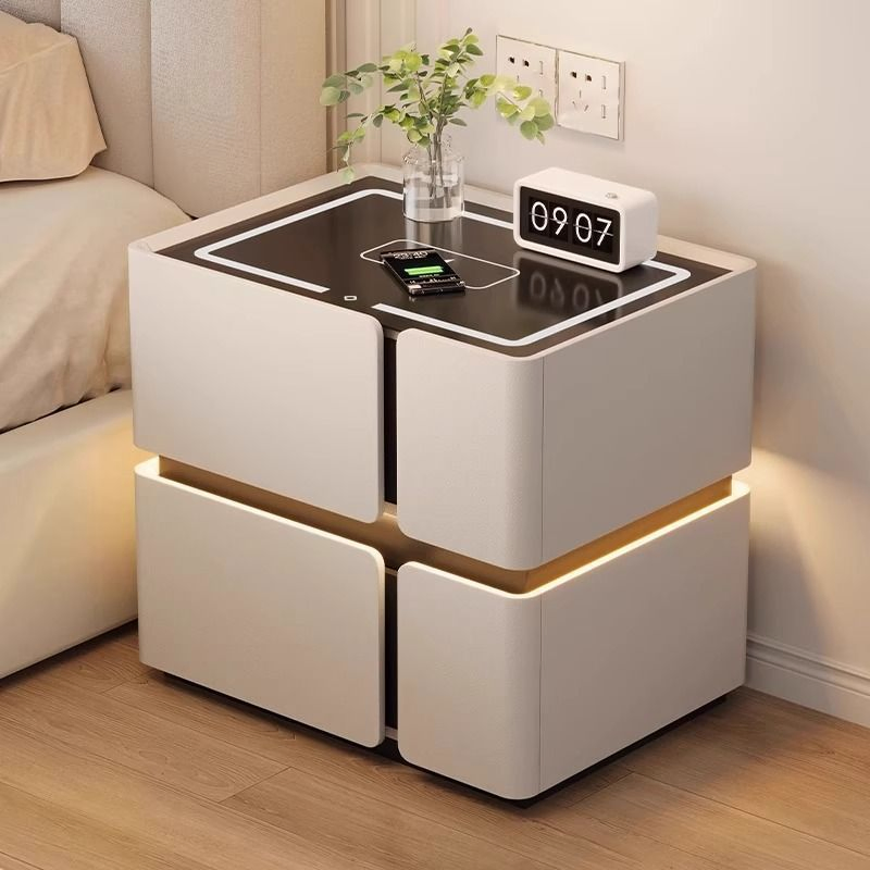 Smart Wooden Bedside Table with Wireless Charging, Bluetooth Speakers &amp; LED Light High-End 3-Color LED Light Storage Drawers Bedroom Furniture