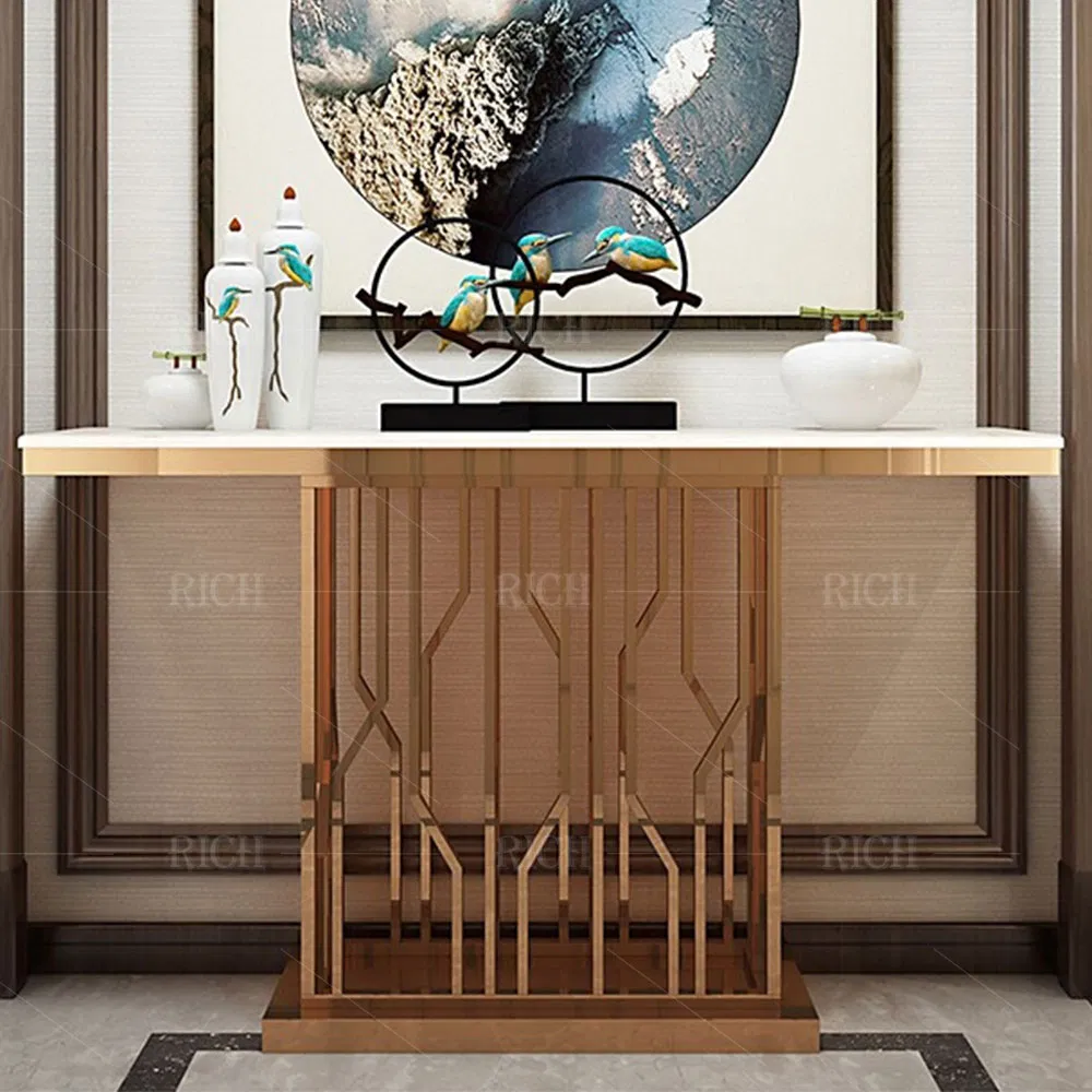 Living Room Hall Marble Top Entryway Stainless Steel Gold Metal Frame Marble Hallway Console Table