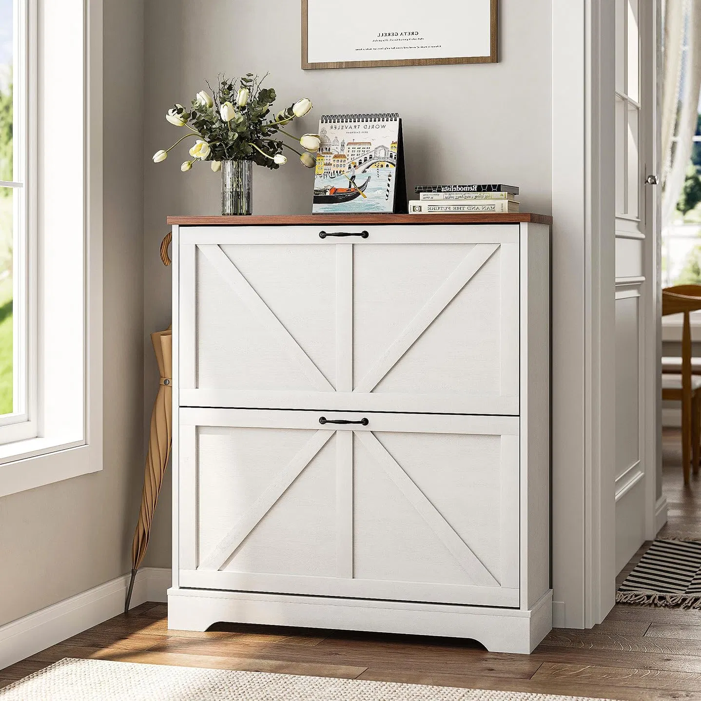 Space-Saving Weathered Gray Barn Door Double-Door Farmhouse Storage Cabinet for Hallway Entryway