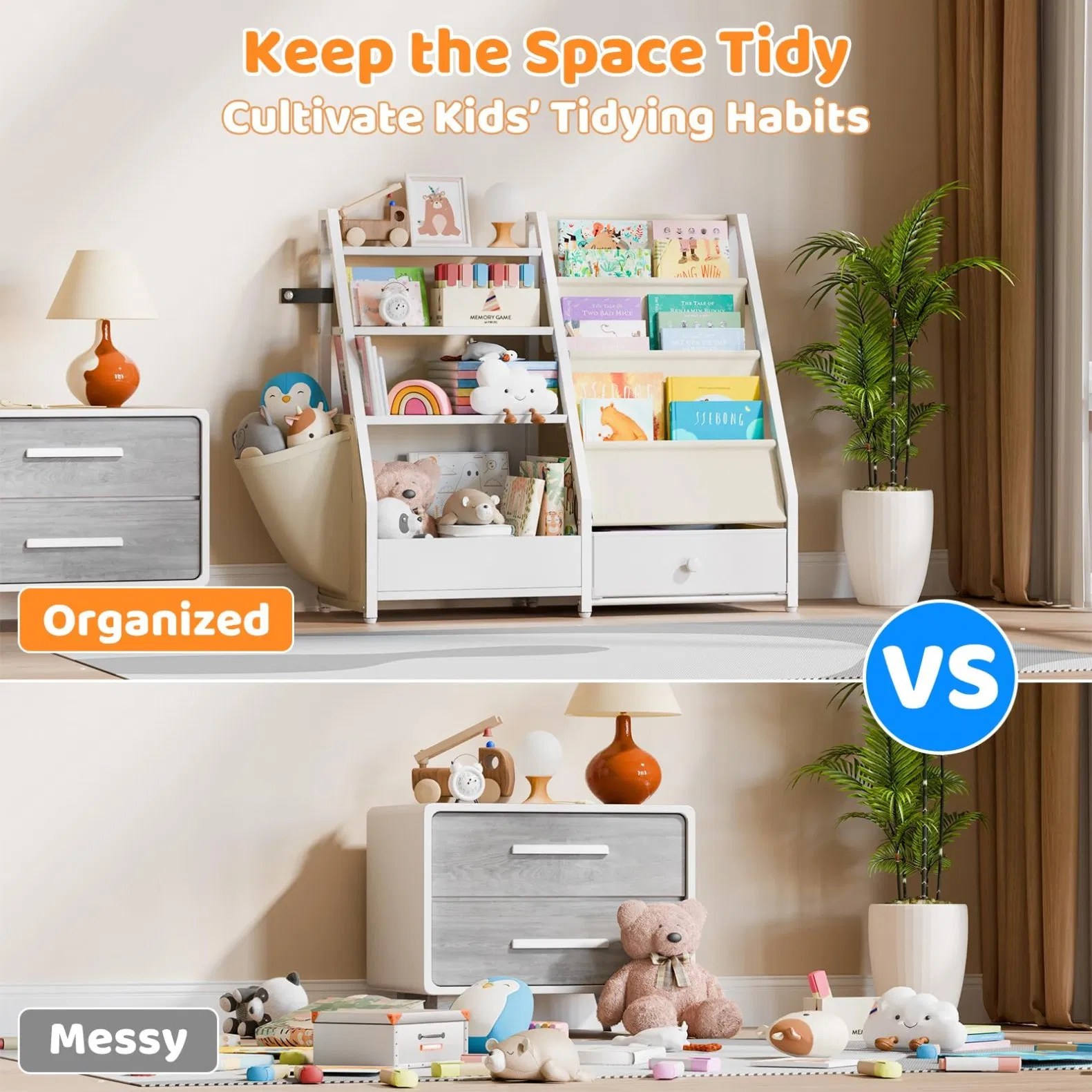 Kids Bookshelf and Toy Storage - Book Shelf for Kids Rooms, Toddler Bookshelf Baby Bookcase for Nursery, Montessori Toy Organizer, White