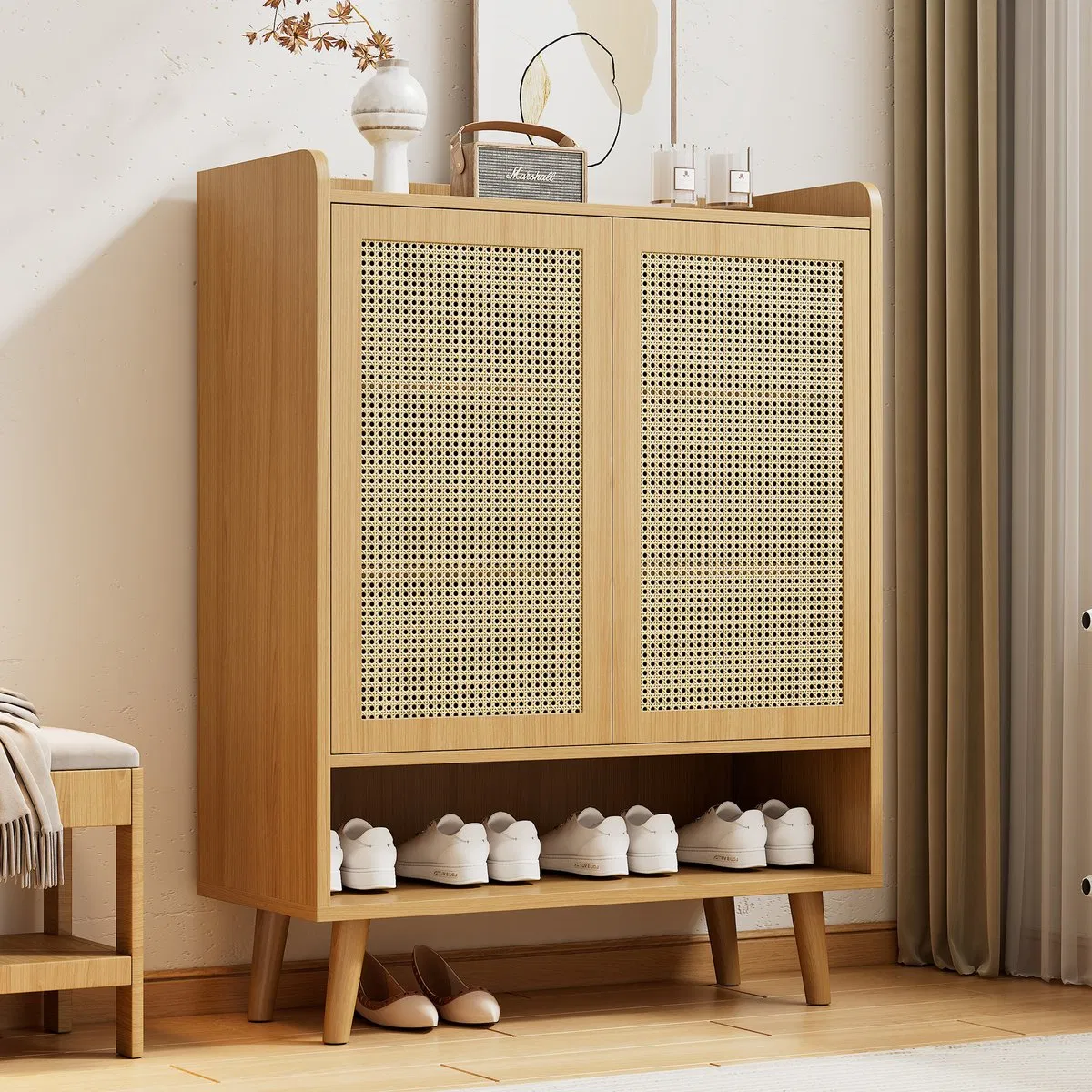 Nordic Entryway Solid Wood Storage Shoe Cabinet with Rattan Grid for Hallway
