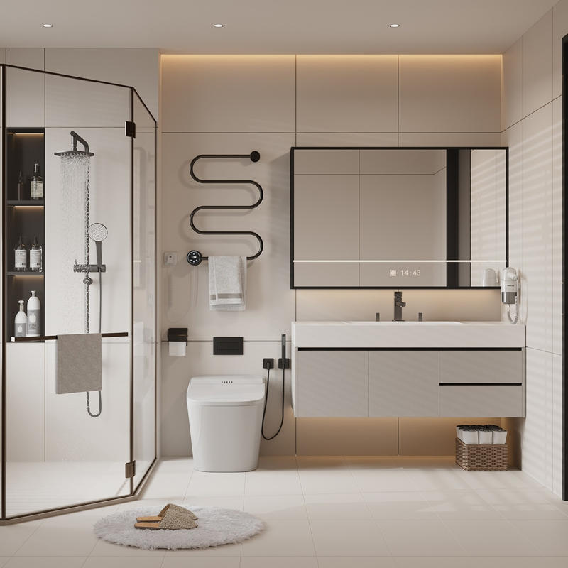 Wall Modern Sink Basin Bathroom Cabinet Furniture Smart LED Lights Hotel /Home Bathroom Floating Vanity Unit Set Featuring Two Spacious Drawers