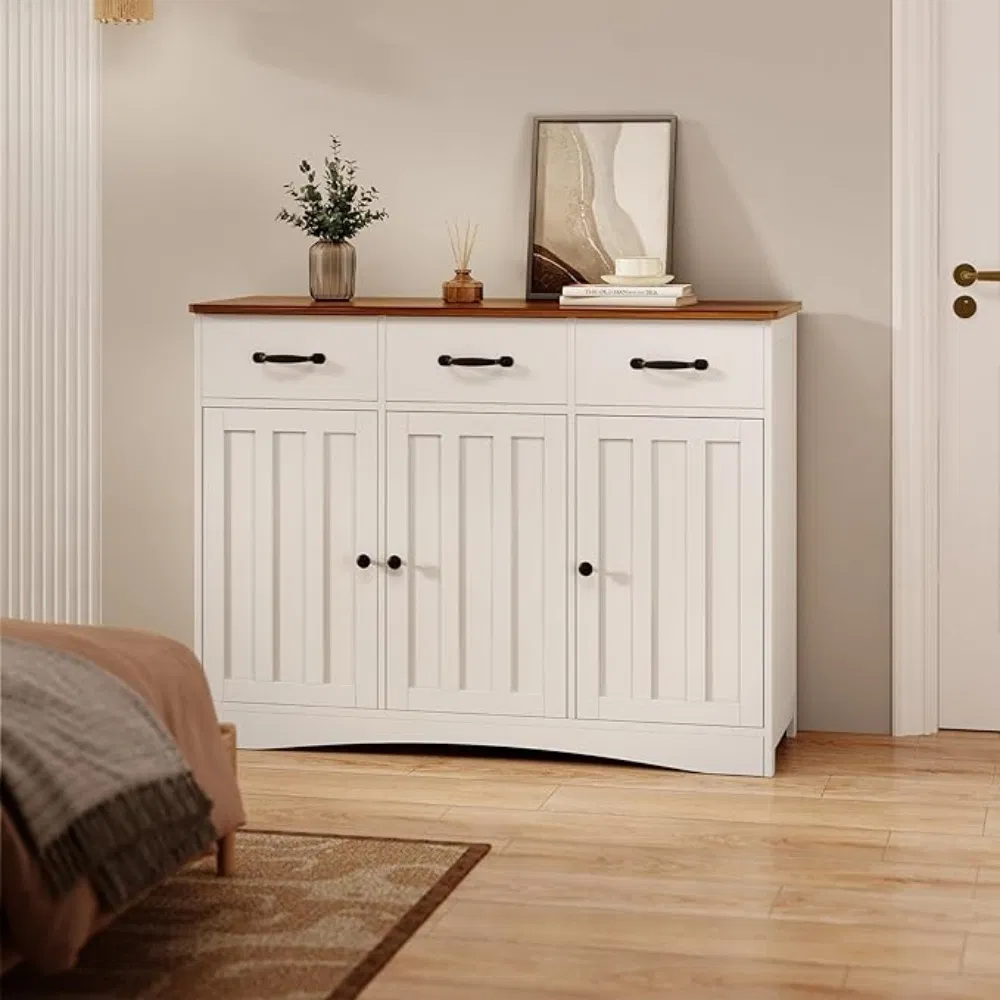 Modern Style Wooden Storage Cabinet with Drawers White Buffet Cabinet for Living Room Kitchen