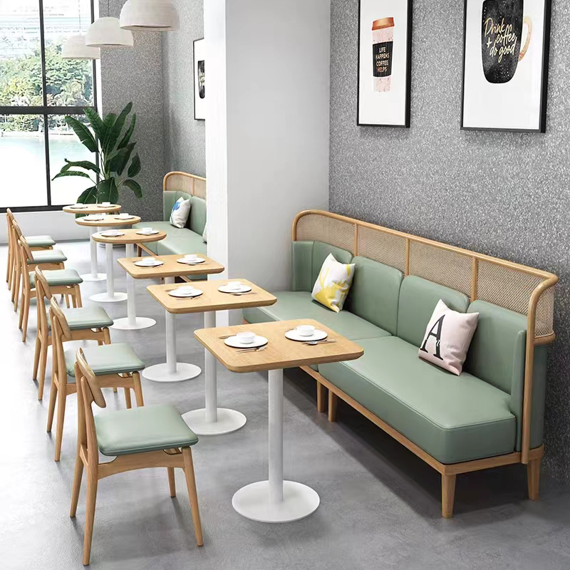 Nordic Style Modern Foshan Wholesale Table and Chair Set Solid Wood/Wooden Leather Restaurant Sofa Booth Furniture for Cafe Coffee Shop