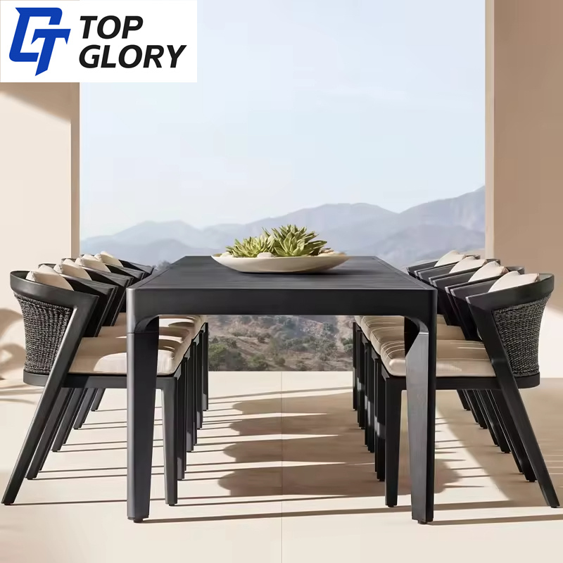 Tg Foshan Modern Aluminum Outdoor Dining Set Metal Garden Furniture Rattan Dining Table Chair Furniture for Patio Courtyard Hotels