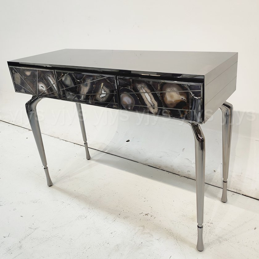 Natural Agate Inlay Stainless Steel Console Table, Luxury Italian Light Luxury Entryway Table, Decorative Hallway Sideboard for Villa &amp; Apartment