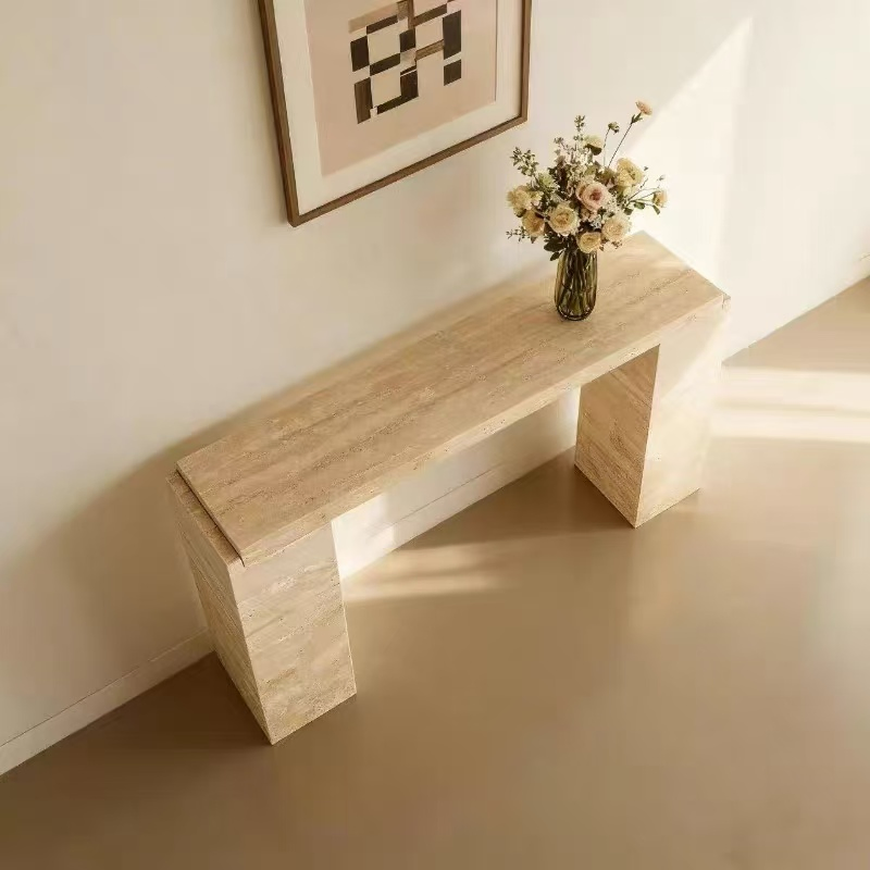 Natural Beige Travertine Console Table Minimalist Monolithic Stone Entryway Table for Living Room Hallway