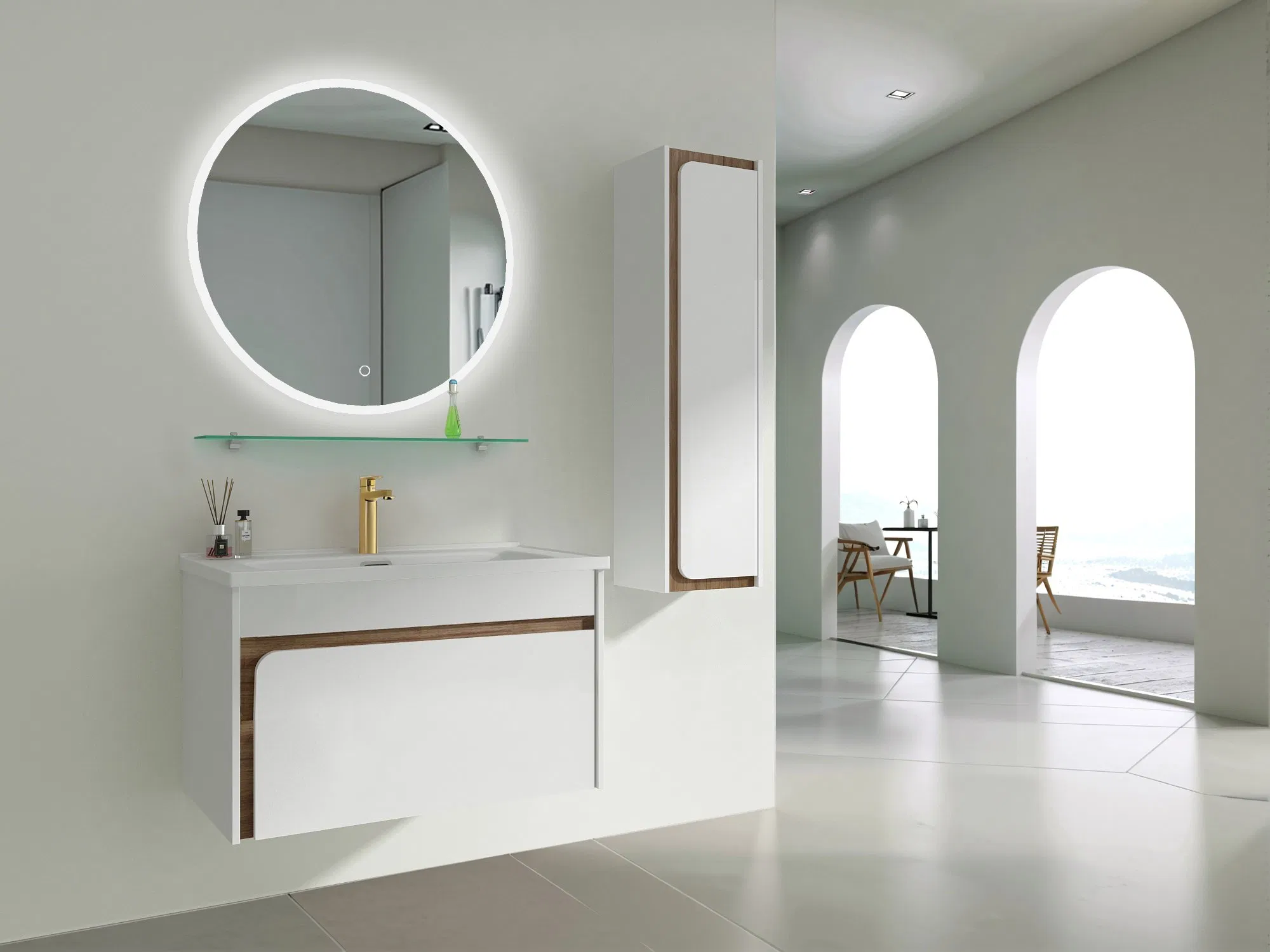 Wall Mounted Style PVC Material MDF White Bathroom Furniture with Ceramic Basin