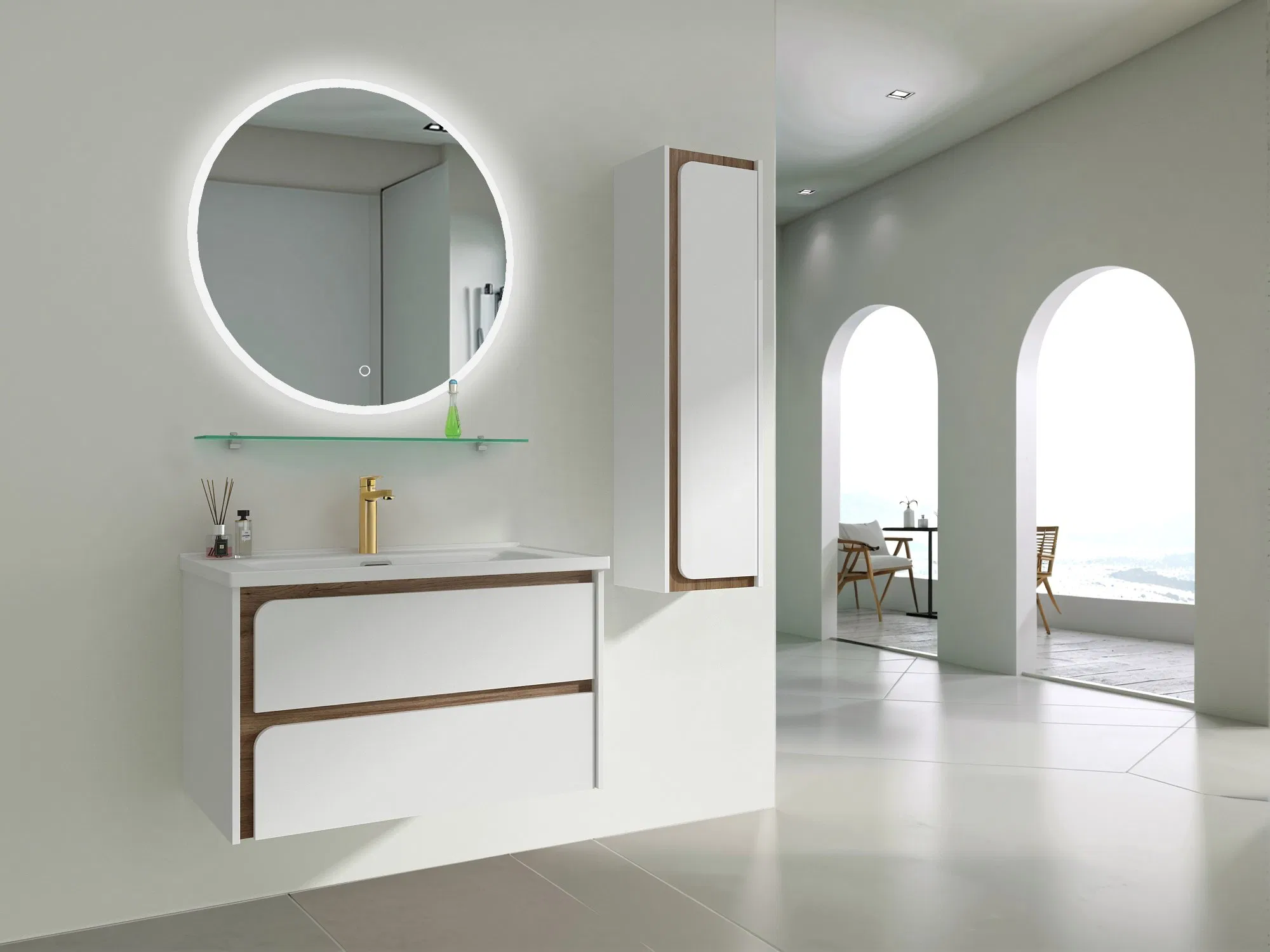 Wall Mounted Style PVC Material MDF White Bathroom Furniture with Ceramic Basin