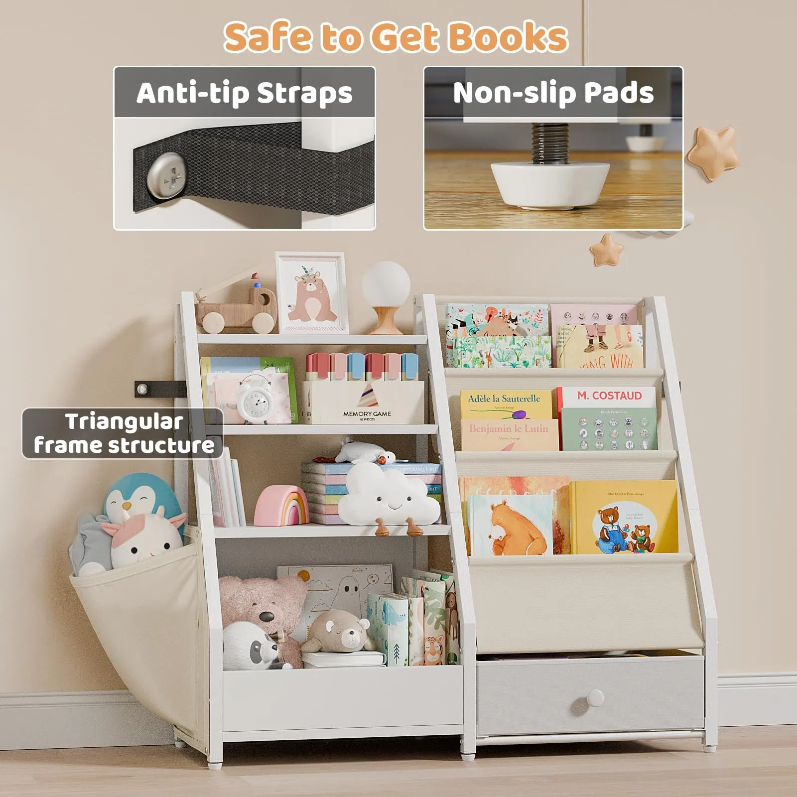 Kids Bookshelf and Toy Storage - Book Shelf for Kids Rooms, Toddler Bookshelf Baby Bookcase for Nursery, Montessori Toy Organizer, White