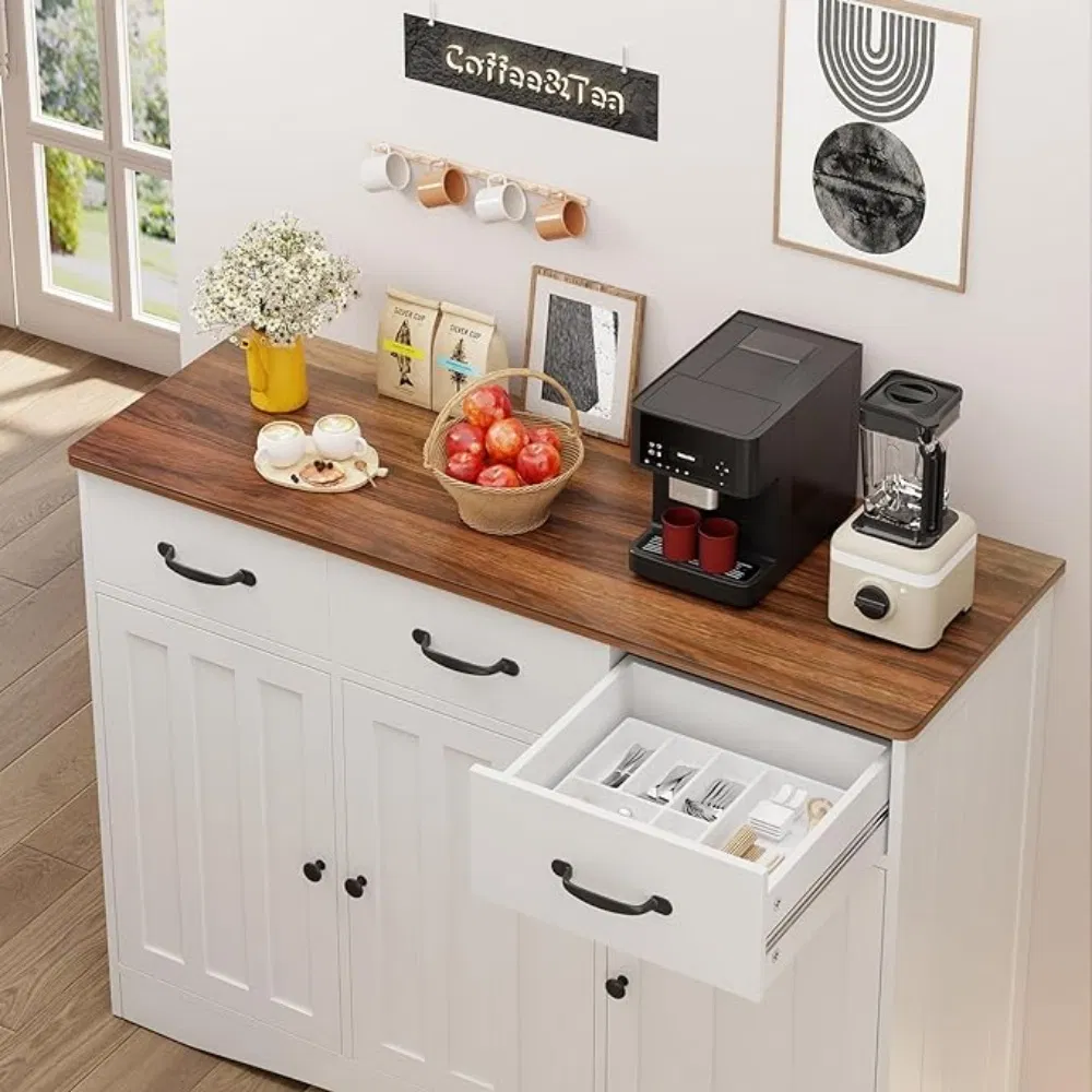 Modern Style Wooden Storage Cabinet with Drawers White Buffet Cabinet for Living Room Kitchen