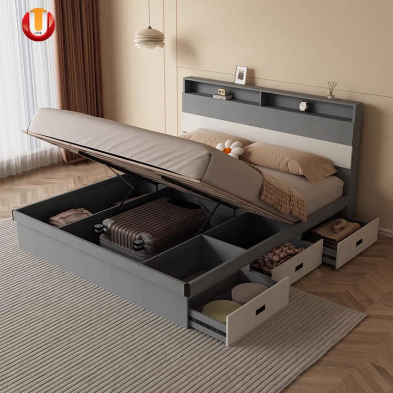 Bedroom Furniture Double King Beds Nightstand Side Drawer Cabinet Adjustable Folding Genuine Leather Wall Bed Set