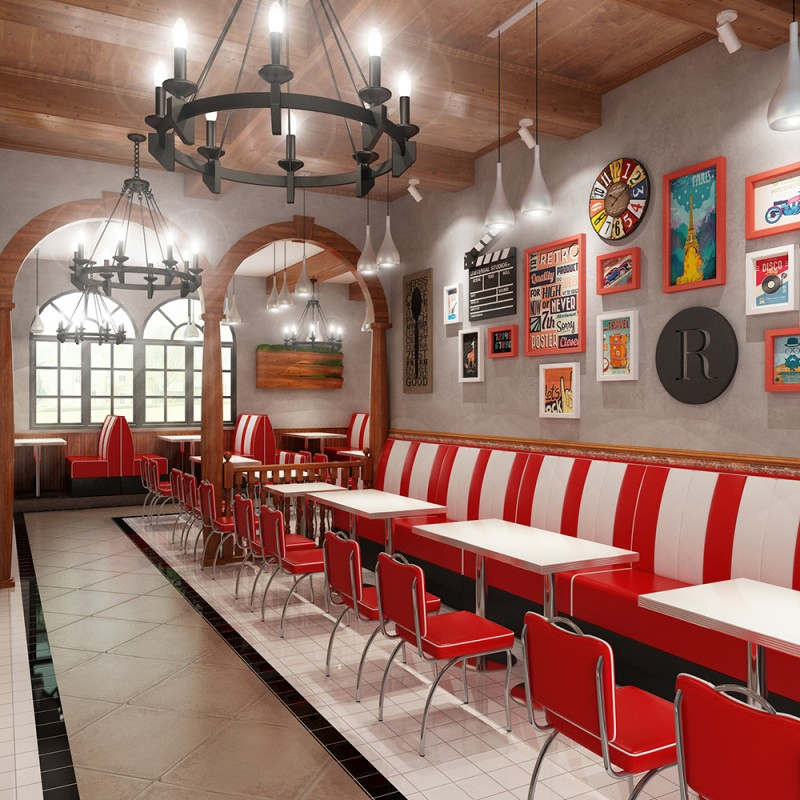Retro 1950s Style Luxury Wholesale Metal Table Chair Set Red Leather Restaurant Booth Sofa Furniture for Cafe Dining Coffee Shop