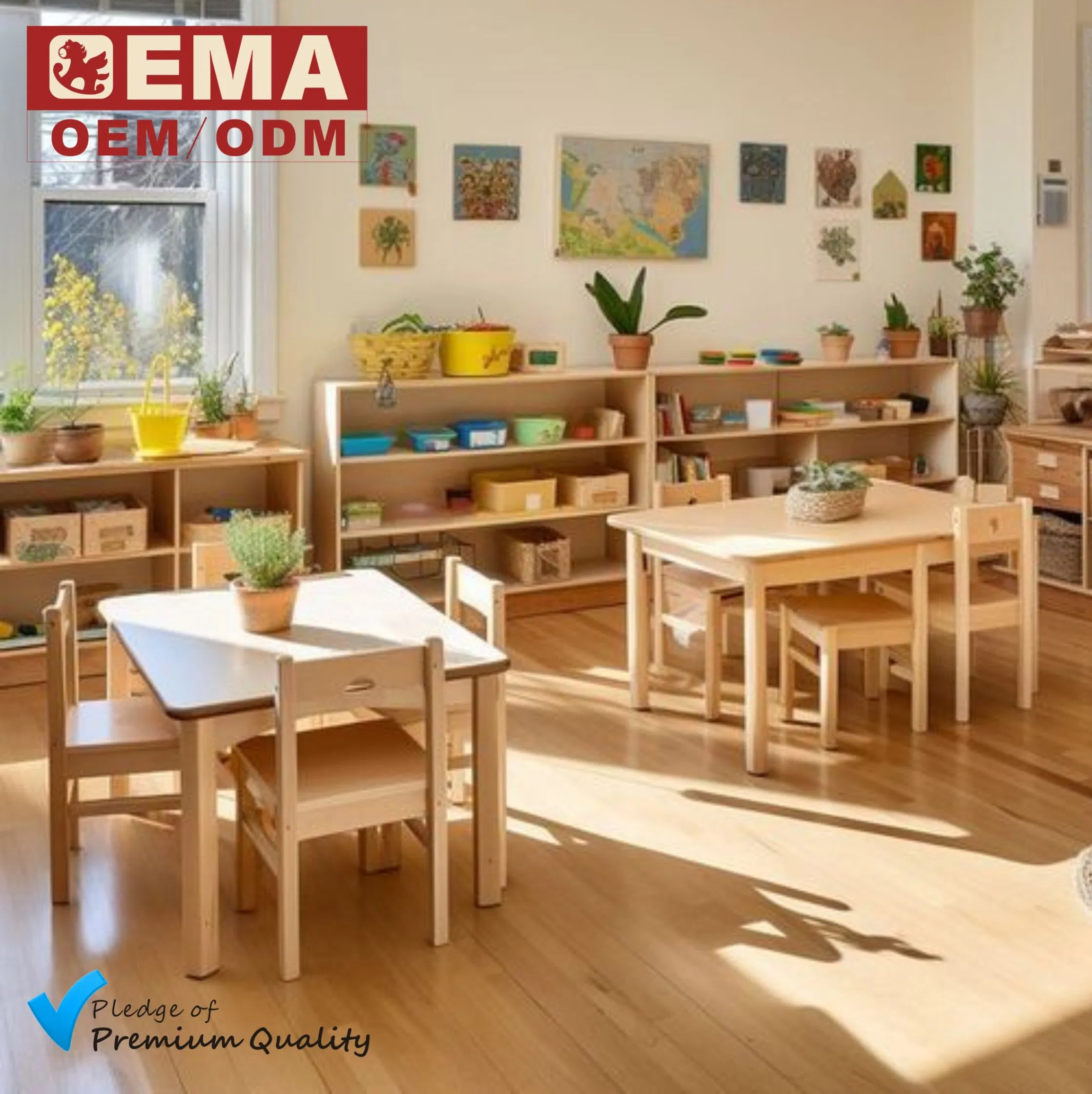 EMA Wooden Montessori Kids Baby Children Study Desk Learning Table and Chair for Daycare Preschool Nursery Kindergarten Classroom School Furniture