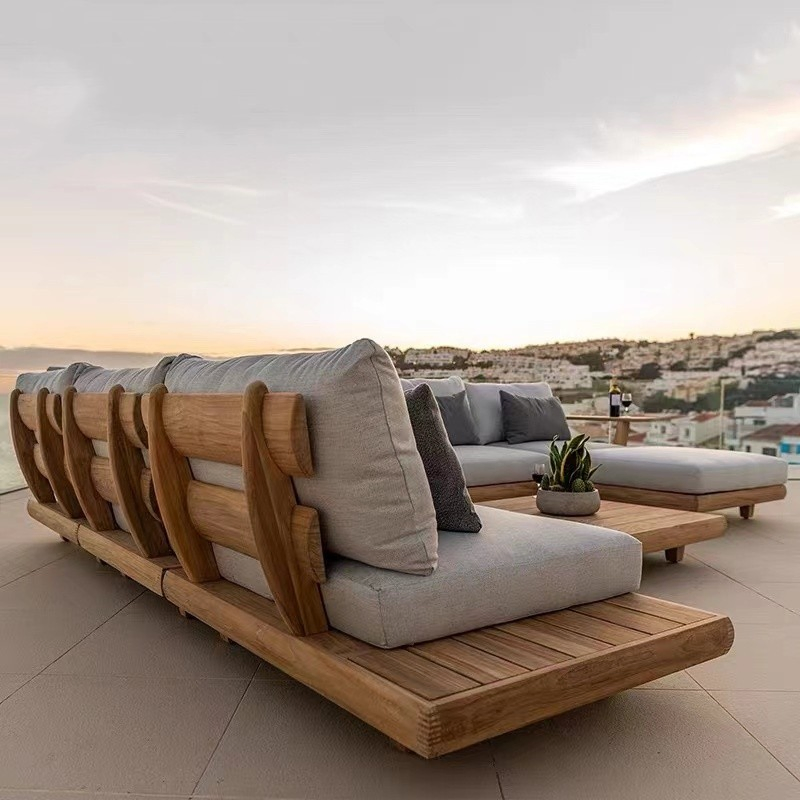 Tg Modern Waterproof Teak Wood Outdoor Furniture Living Room Balcony Garden Patio Hotel Sectional Sofa with Cushions