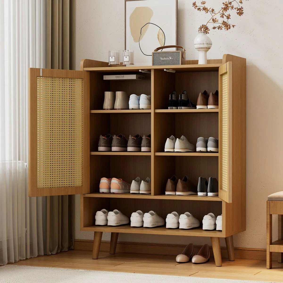 Nordic Entryway Solid Wood Storage Shoe Cabinet with Rattan Grid for Hallway