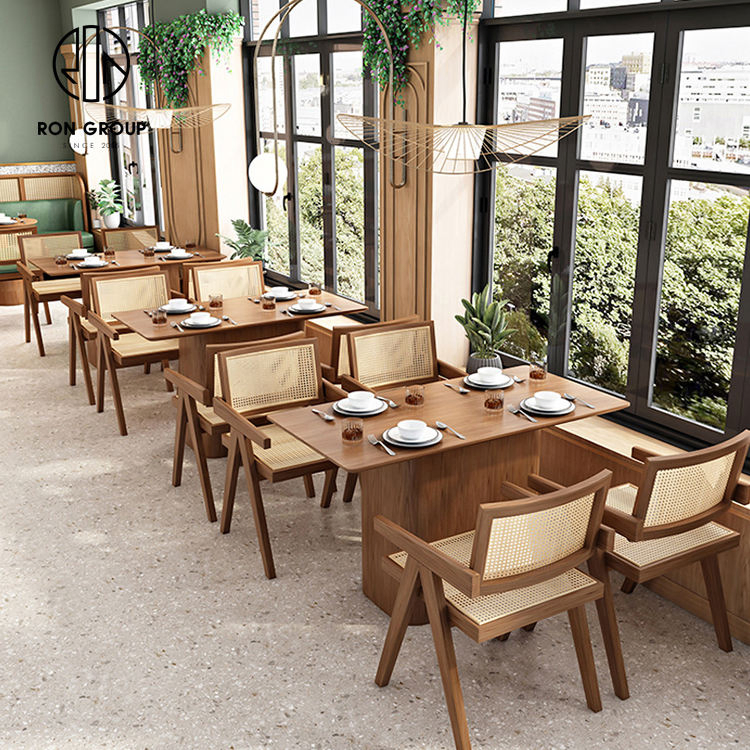 Modern Nordic Eco-Friendly Commercial Cafe Coffee Bar Wood Table Rattan Chair Leather Sofa Customized Restaurant Furniture