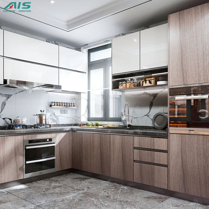 Modern Design AIS Living New Combination Design Aluminum Kitchen Furniture Set Wooden Color Melamine Kitchen Cabinets From China