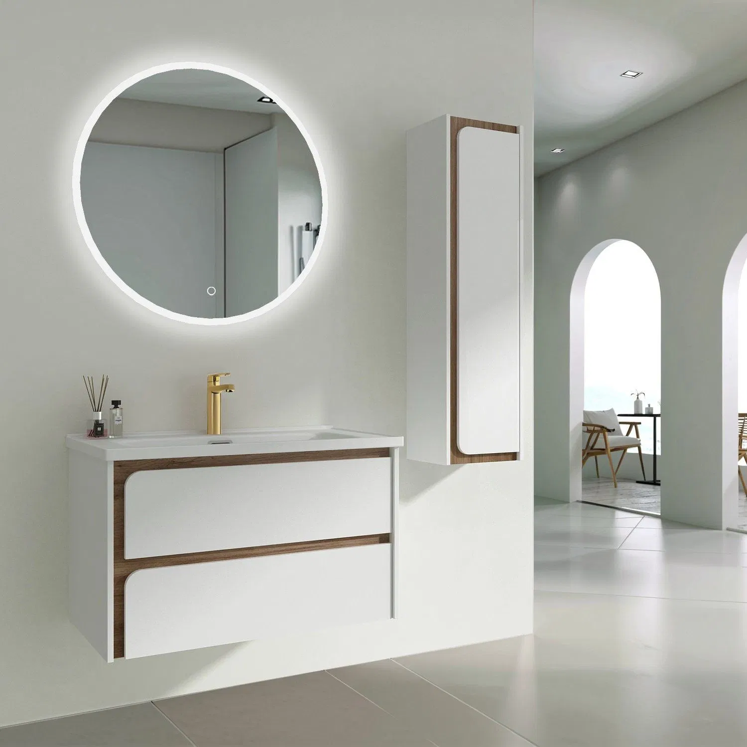 Wall Mounted Style PVC Material MDF White Bathroom Furniture with Ceramic Basin