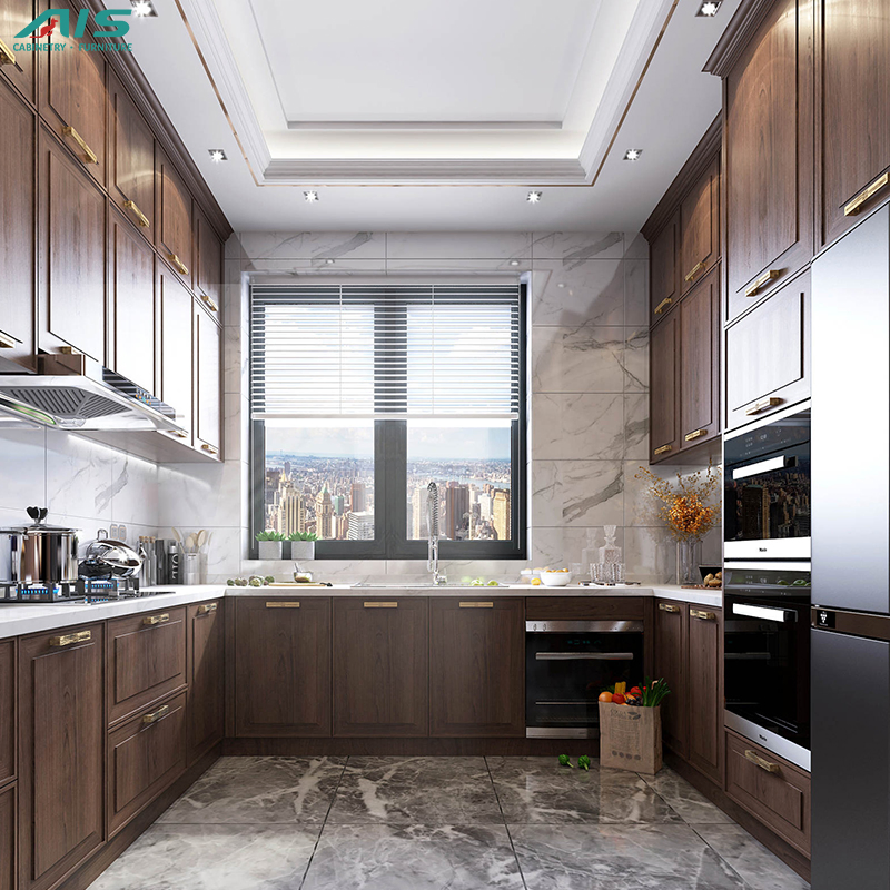 Modern Design AIS Living New Combination Design Aluminum Kitchen Furniture Set Wooden Color Melamine Kitchen Cabinets From China