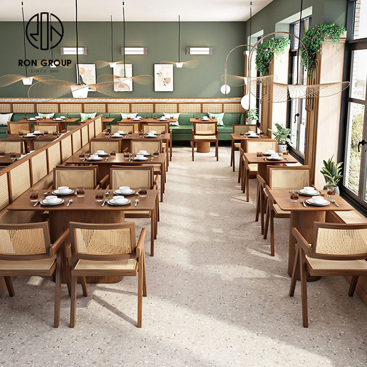 Modern Nordic Eco-Friendly Commercial Cafe Coffee Bar Wood Table Rattan Chair Leather Sofa Customized Restaurant Furniture