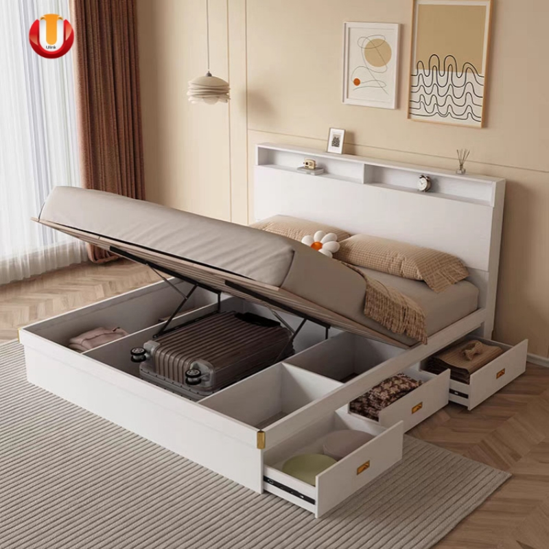 Bedroom Furniture Double King Beds Nightstand Side Drawer Cabinet Adjustable Folding Genuine Leather Wall Bed Set