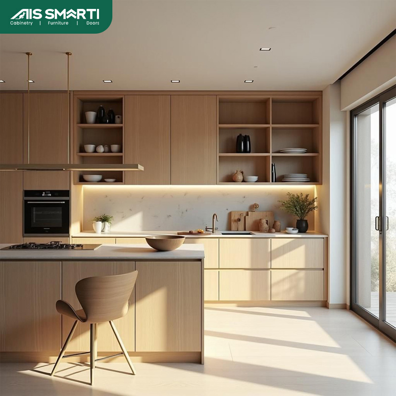 AIS 2025 Modural Commercial High Wood Color Gloss Solid Wood Veneer Kitchen Cabinet Set Custom Kitchen Furniture with Island