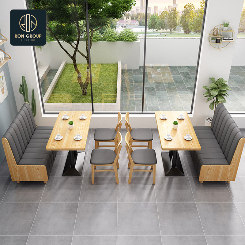 Modern Luxury Hotel Cafeteria Square Wooden Commercial Cafe Tables and Chais Leather Velvet Sofa Booth Seating Restaurant Furniture for Restaurant Coffee Shop