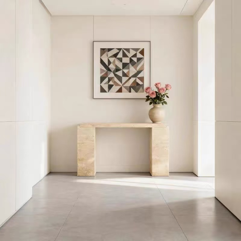 Natural Beige Travertine Console Table Minimalist Monolithic Stone Entryway Table for Living Room Hallway